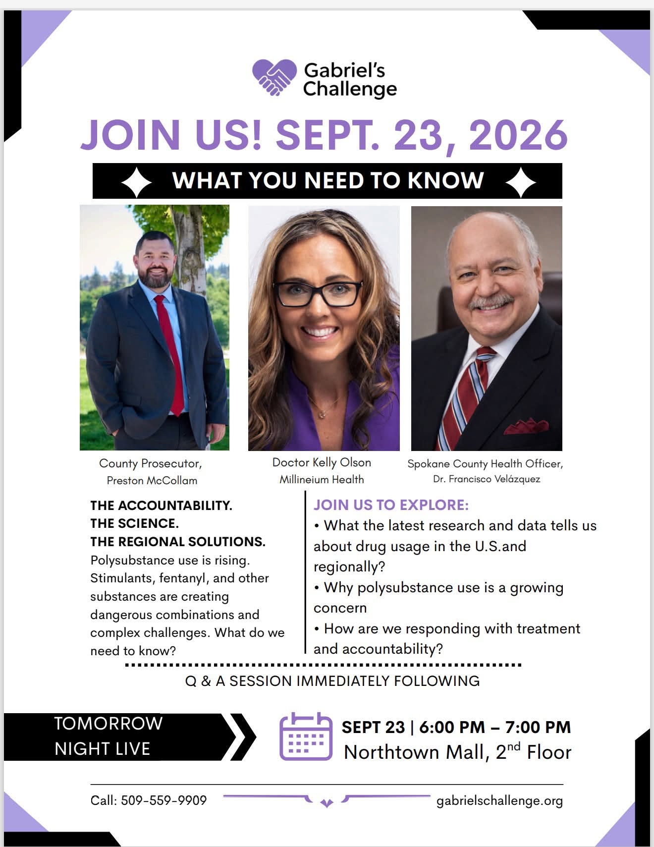 Gabriel’s Challenge community panel with County Prosecutor Preston McCollam, Dr. Kelly Olson, and Spokane County Health Officer Dr. Francisco Velázquez