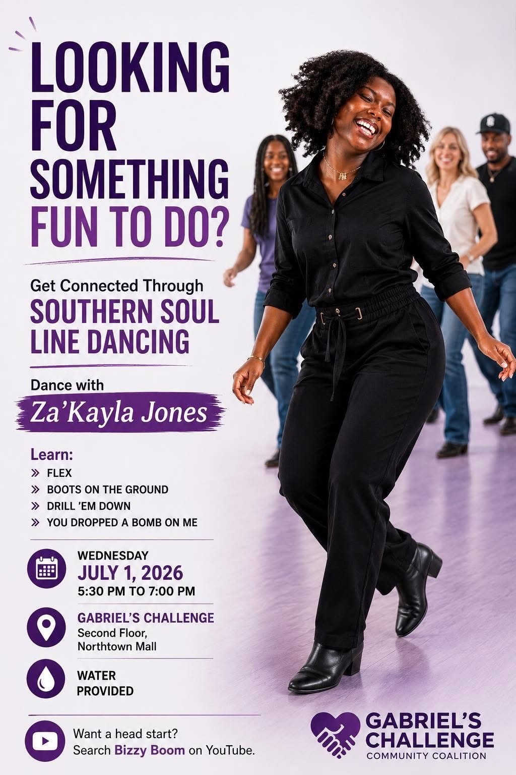 Southern Soul Line Dancing flyer from July 1, 2026, with Za’Kayla Jones at Gabriel’s Challenge